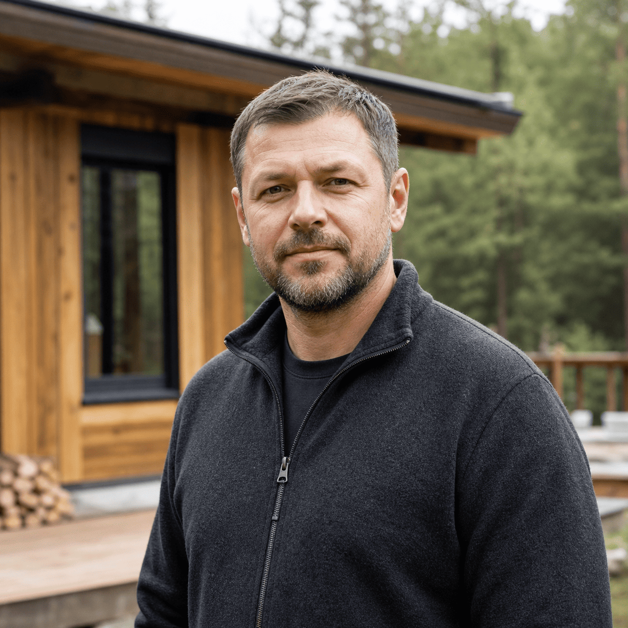 Дмитрий возле современной деревянной бани